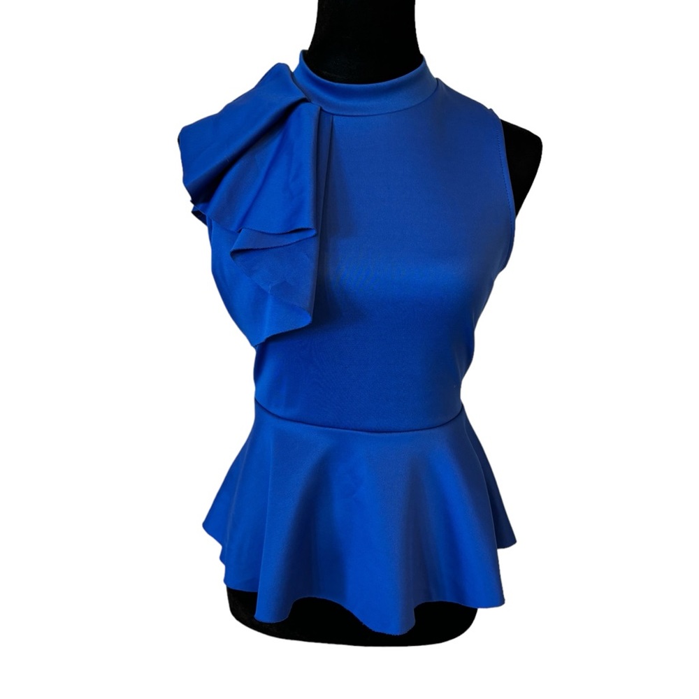 Side Ruffle Stretch Peplum Top Blue Burgundy - Picture 9 of 14